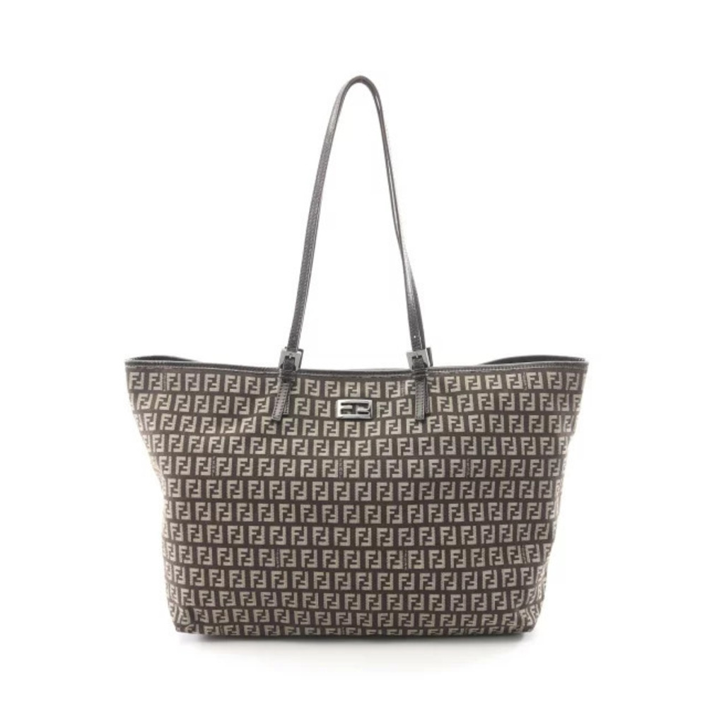 Fendi Zucchino Tote Bag Canvas Leather Beige Cream Brown